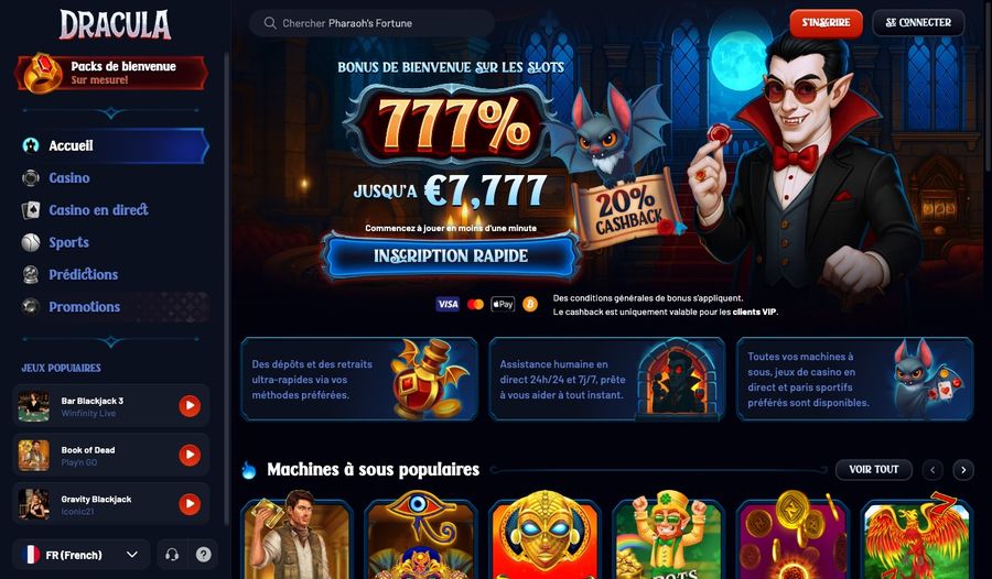 Capture d'écran du site Dracula Casino en version française
