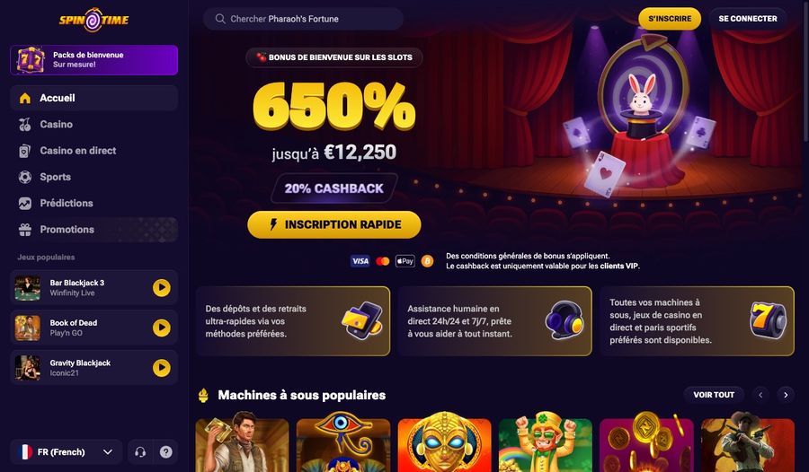 Capture d'écran du site Spin Time en version française