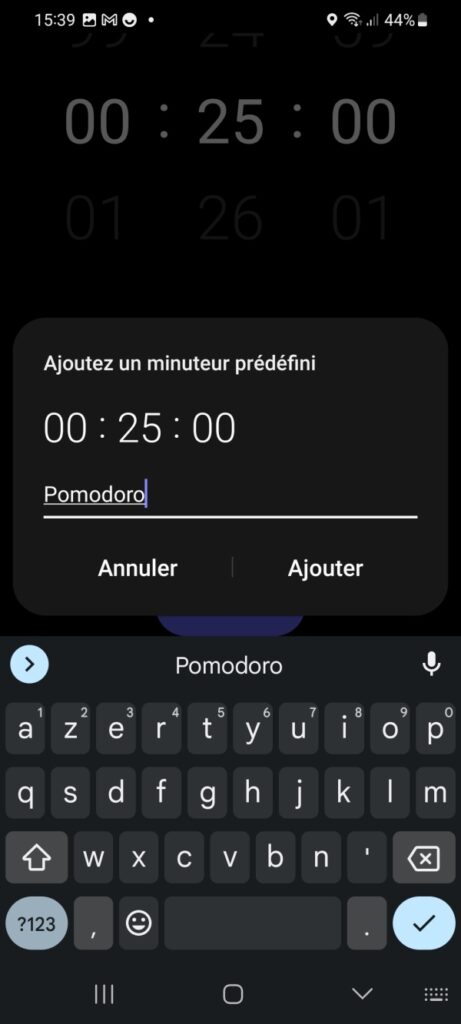 Méthode Pomodoro :  app timer Minuteur Tel config finalisation